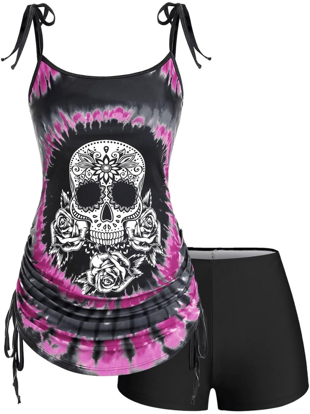 🚘 🆕 Rose gal Black and Pink Sugar Skull Tie-Dye Swim Coverup with Shorts size 3X